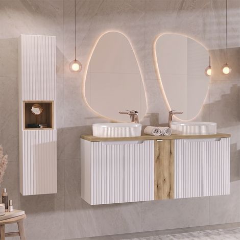 Conjunto de muebles doble lavabo 140cm 5 puertas y columna Riva Blanco y Madera (1/4)