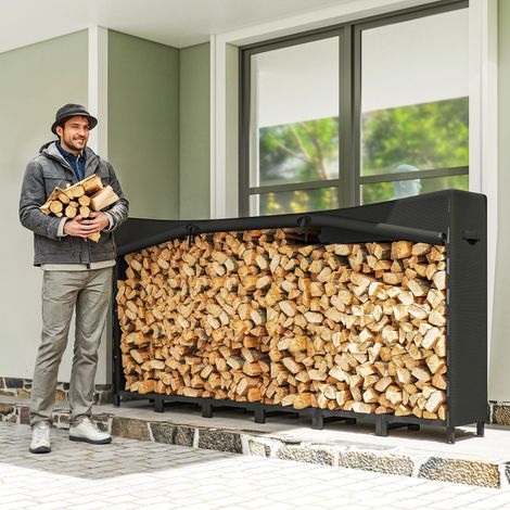 Bûcher extérieur en métal avec bâche imperméable, Capacité 0,8 m3, Structure réglable, 235x31x116 cm, Noir (1/5)