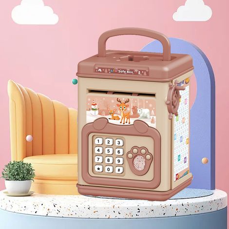 Coffre-fort enfant éducatif avec verrou électronique à empreinte digitale - Tirelire sécurisée à code et mot de passe - Design cartoon rose (1/5)