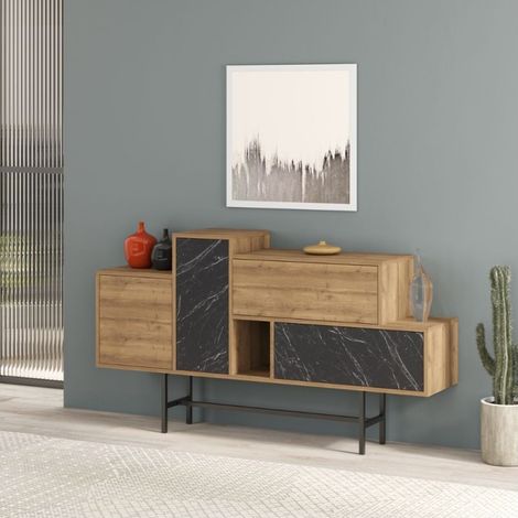 Madia Hermes colore hitit noce con ante e cassetti effetto marmo nero 160 cm (1/5)