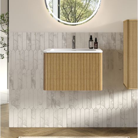 Meuble sous vasque suspendu 60 cm pour petite salle de bain, tiroirs push-to-open, MDF coloris chêne (1/5)