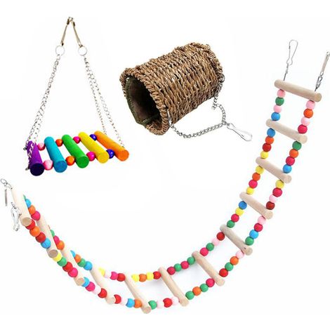 Lot de 3 jouets pour perroquets, nid chaud suspendu, balançoire colorée avec échelle, balançoire échelle pour petites perruches, écureuil Totoro (1/5)