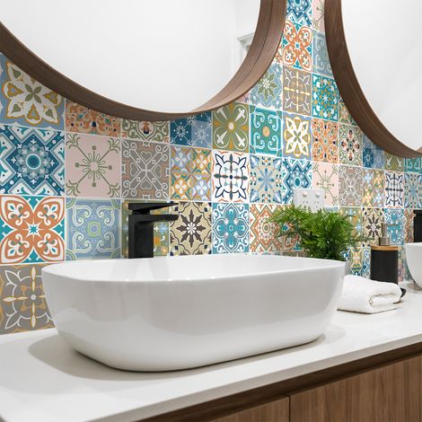 Sticker Mural Carrelage adhésif Cuisine Salle de Bain - 24 STICKERS CARREAUX DE CIMENT AZULEJOS RIFIATIO - 24stickers15x15cm (1/5)