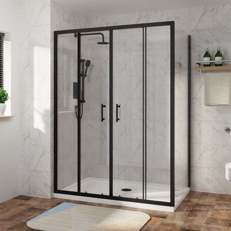 Sliding Shower Enclosure Door Easy Clean Glass Matte Black Bathroom Cubicle Screen with Side Panel 1500 x 700mm (1/5)