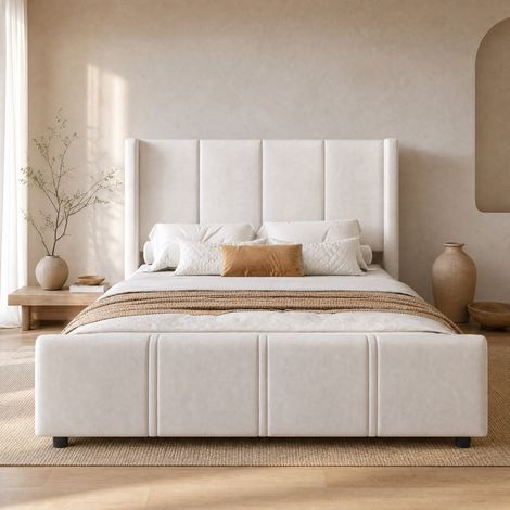 DESMIU Lit adulte 140 × 200 cm 2 places avec USB et tête haute, sans matelas, en velours, beige (1/4)