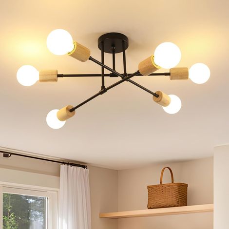 Plafonnier Vintage 6 Lumières - Métal et Bois Noir - Style Industriel Réglable - Pour Salon Chambre Salle à Manger - 52x52x24 cm (1/5)