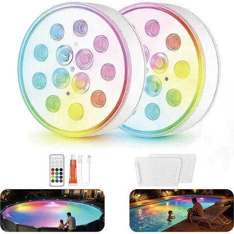 Lot de 2 lampes magnétiques améliorées pour piscines hors sol et enterrées. Lampes LED submersibles RGB rechargeables (16 couleurs) avec télécommande et minuterie. Idéales pour spas, fontaines, fêtes