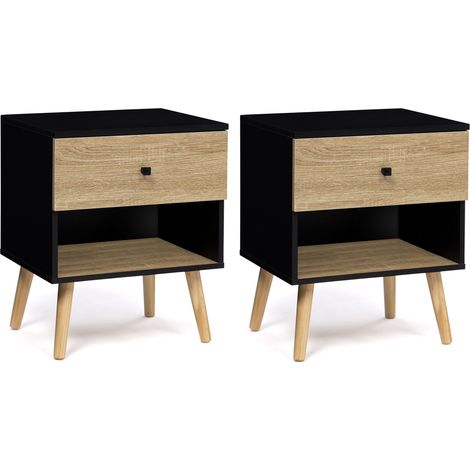Idmarket – Lot de 2 tables de chevet scandinaves 1 tiroir – Niche inférieure – Dimensions 40x34x50 cm – Coloris noir et hêtre