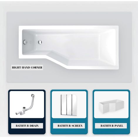 Asymmetrische Badewanne - 150 x 75 cm - Rechts - mit Verkleidung - mit Füßen - 3-teilige Duschabtrennung - Ablaufgarnitur Chrom - INTEGRA