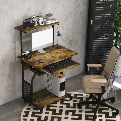 Bureau Ordinateur Roulant Étagères, Poste Travail, Plateau Clavier, 80x50x130 cm, Marron (1/5)