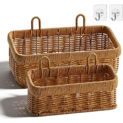 Lot de 2 paniers de rangement tressés à la main - Paniers muraux en osier - Avec crochets adhésifs - Pour cuisine, salon, salle de bain - Paniers pique-nique (1/5)