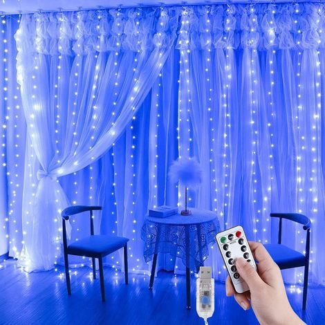 Guirlande lumineuse pour rideaux, bleue, 3 x 3 m, 300 LED
