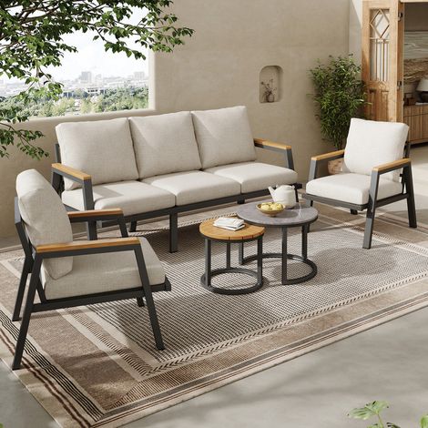 Salon de jardin 4 pièces – Canapé 3 places, 2 fauteuils et 2 tables, coussins confortables, plateau effet marbre et WPC, structure en acier galvanisé (1/5)