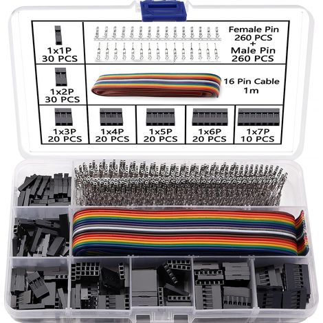 671 Pièces 2.54mm Pas 1/2/3/4/5/6/7 Broches Kit de Connecteurs Dupont, Connecteur de Logement Dupont, Mâle Femelle Pin Header à Sertir Terminal, avec Câble Plat Arc-en-Ciel 16 Pin 22 AWG 1m (1/5)