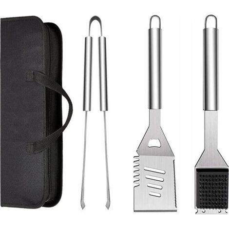 Kit d’ustensiles de barbecue en acier inoxydable 3 pièces (pelle, pince et fourchette) avec sac de rangement portable – idéal pour grillades extérieures, cuisine et camping (1/5)