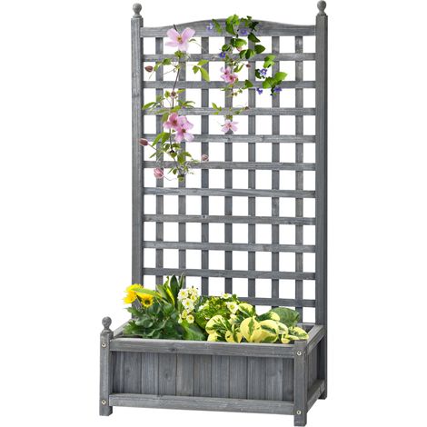 Jardinière surélevée avec treillis, bac à fleurs, support pour plantes grimpantes, arche pour rosiers grimpants, bois de jardin, gris, 64 x 28 x 120 cm