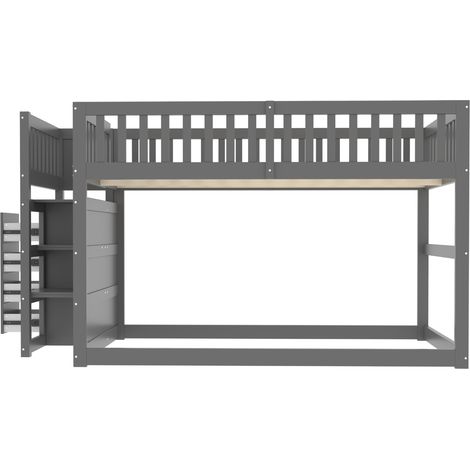 Lit superposé bas 140x200, lit enfant en bois gris avec barrière de sécurité haute. Lit superposé sécurisé avec escalier et tiroirs. (1/5)