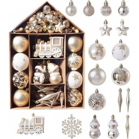 Boule De Noel - 70 Pièces Or Et Blanc - Décoration Arbre De Noël - Pour Fêtes Maison Mariage Anniversaire - Lot Complet Avec Cordon (1/5)