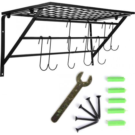 Porte-casseroles mural Noir 10 crochets mobiles Acier anti-rouille 62cm Rangement cuisine robuste et design épuré pratique (1/5)