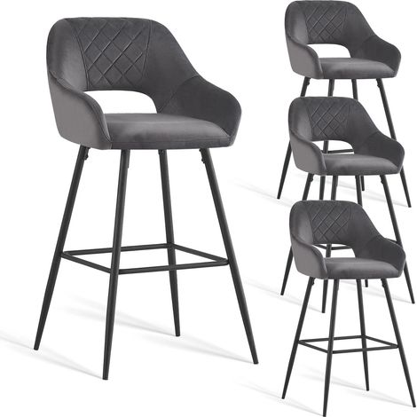 AINPECCA 4pcs Grey Bar Stool Velvet Seat w/Backrest &Armrest Metal Leg Kitchen Breakfast