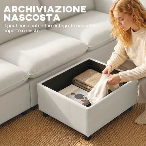 Canapé d'angle 3 places modulaire en similicuir respirant, pouf de rangement inclus, coussins fournis, teinte crème (1/5)