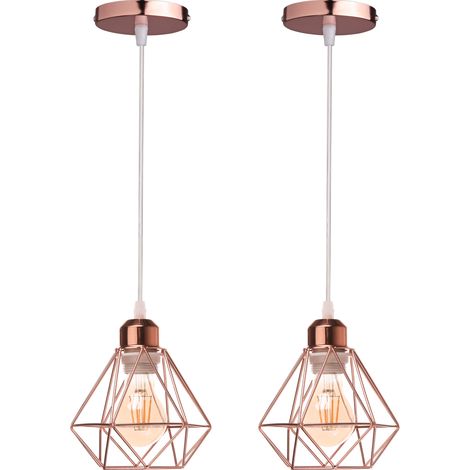 2er Pendelleuchte, Kronleuchter im Industri Stil, Antik Hängelampe mit Ø16cm Mini Diamant-Form Käfig E27 Halter für Wohnzimmer Schlafzimmer Esszimmer (Rosegold)