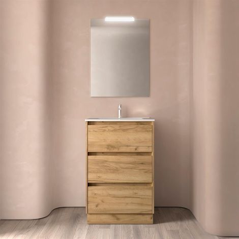 Ensemble complet Noja 600 3 tiroirs CHÊNE AFRIQUE + meuble-lavabo + miroir + éclairage (1/4)