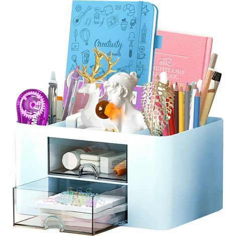 Organisateur de Bureau Rangement de Bureau Multifonctionnel Porte Stylo Bureau Organisateur de Maquillage Boîte à Cosmétique Boite de Rangement Plastique pour Stylos Bureau Maison (bleu) (1/5)