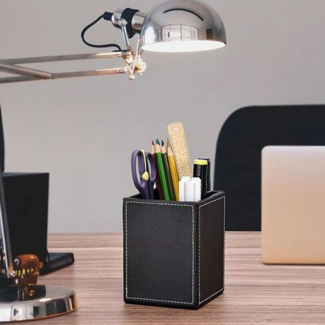 Porte-stylo cuir carré - Organisateur bureau & rangement télécommande - Noir (1/5)
