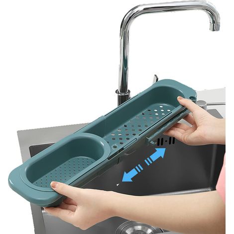 Organiseur d'évier de cuisine avec support télescopique extensible et porte-éponge (vert) (1/5)