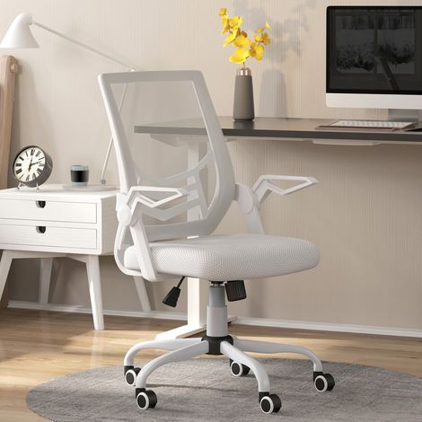 Mesh Office Chair, Computer Desk Chair with Flip-up Armrests, Lumbar Back Support and Swivel Wheels, White (1/5)