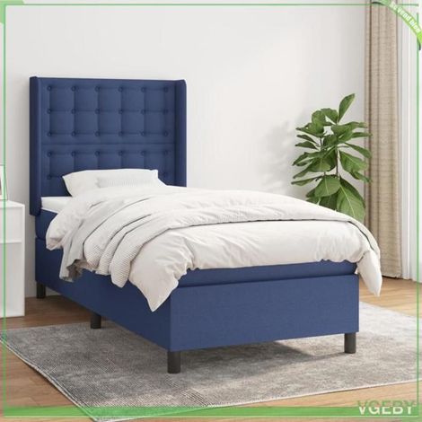 Lit 1 place - Sommier à lattes 90x190 - Matelas 20 cm ressorts ensachés - Tête de lit réglable - Bleu (1/5)