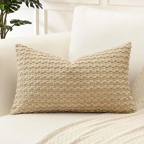 Housse de coussin décorative en velours côtelé 30 x 50 cm, coussin lombaire à rayures bohèmes ultra doux, motif géométrique, pour canapé, chambre ou voiture, lot de 1, marron clair (1/5)