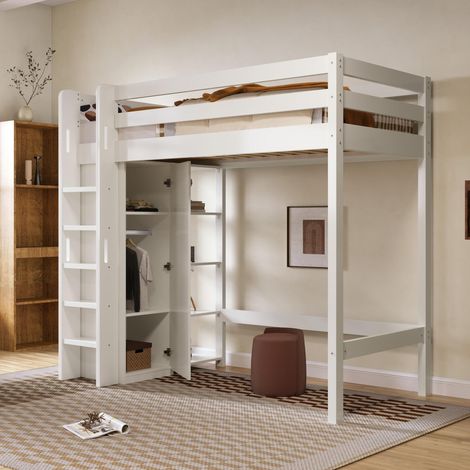 Lit mezzanine enfant 90x200 cm blanc avec armoire et 6 étagères, montage gauche ou droite, sommier à lattes inclus, EN 747-1:2024, sans matelas (1/5)