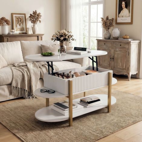 Höhenverstellbarer ovaler Couchtisch mit großem Stauraum, Mehrstöckiger Wohnzimmertisch mit verstellbarer Platte, Goldene Metallbeine, Moderner Stil Creme - Weiß (1/5)
