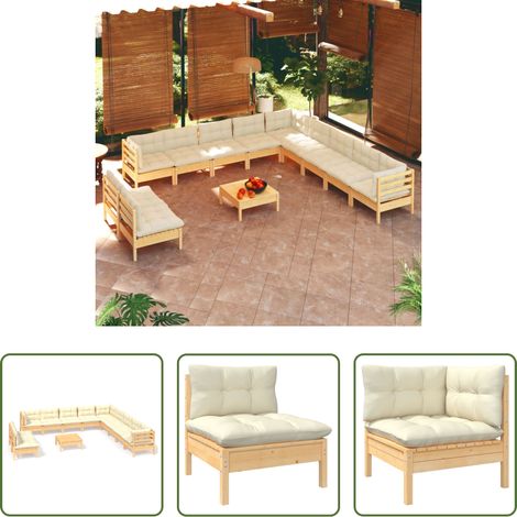 Terrassensofa - 12-tlg. Garten-Lounge-Set mit Creme Kissen Massivholz Kiefer (1/5)