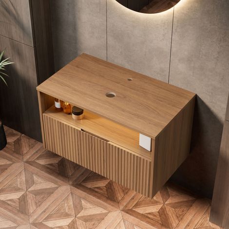Meuble de salle de bain mural 80 cm avec tiroir, contreplaqué, brun chêne, OKWISH (1/5)