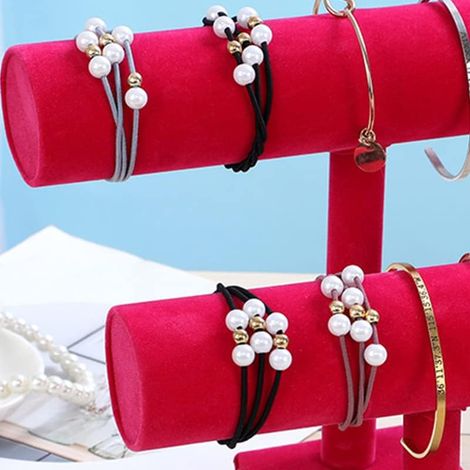Jewelry Display Stand, Plush Bracelet Scrunchie Holder for Home and Jewelry Store, Large Capacity and Elegant Design (Rose Red Double Row) (1/5)
