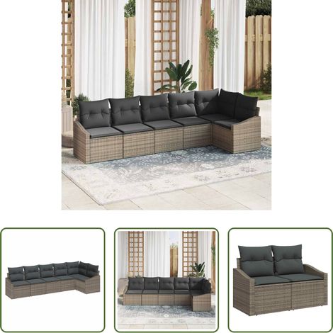 Außensofa -  Sofa Set mit Kissen 6 pcs Grau Poly-Rattan (1/5)