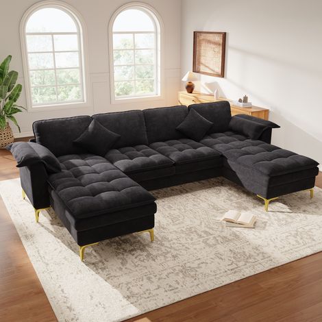 Canapé panoramique en U 4 places 262 x 134 x 86 cm 2 coussins, assise double couche, pieds dorés, effet nuage, chenille, Noir (1/5)