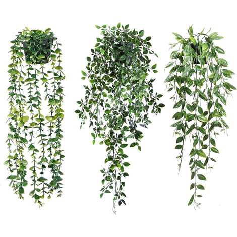 Lot de 3 Plante verte artificielle tombante à suspendre 65 cm – Décoration intérieure moderne – Nuances de vert (1/5)