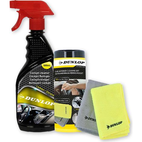 Pack Nettoyant Cockpit Citron 500ml et Chiffon Microfibre DUNLOP - Tableau de Bord Voiture , Parfum Frais, Nettoie Protège