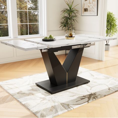 Mesa de comedor extensible de MDF blanco y metal negro 99-159x75x75 cm con acabado efecto mármol (1/5)