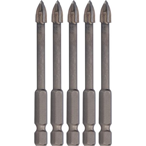 Lot de 5 forets cruciformes à queue hexagonale de 6,35 mm (1/4 po) pour carrelage, verre, céramique et béton, outil en alliage dur de 7 mm (1/5)