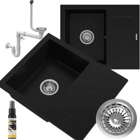 Évier cuisine en granit 1 bac avec égouttoir gauche 57 x 47 cm noir, kit avec siphon gain de place chromé et GraniProtect 30 ml, Bello (1/5)