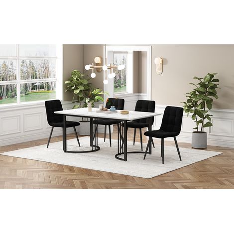 Set table 5 pièces moderne, table de cuisine 140x80 cm avec 4 chaises velours noir, piètement métal noir, plateau MDF blanc, salle à manger