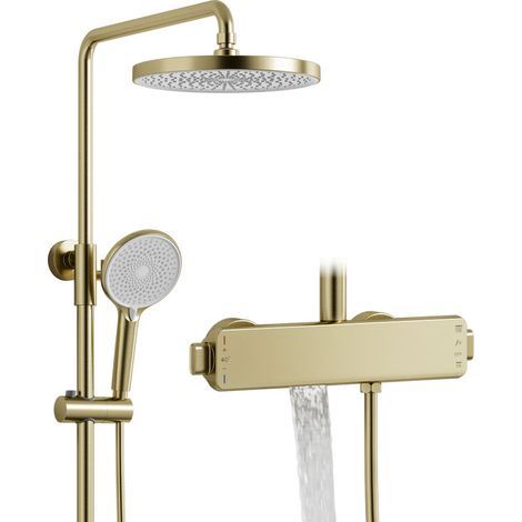 Columna ducha,Columna de ducha termostática Versátil,Con rociador redondo,Ducha de mano,Salida de agua inferior oculta,Juego de ducha 3 en 1,Kit de ducha regulable en altura y ángulo,Oro cepillado (1/5)