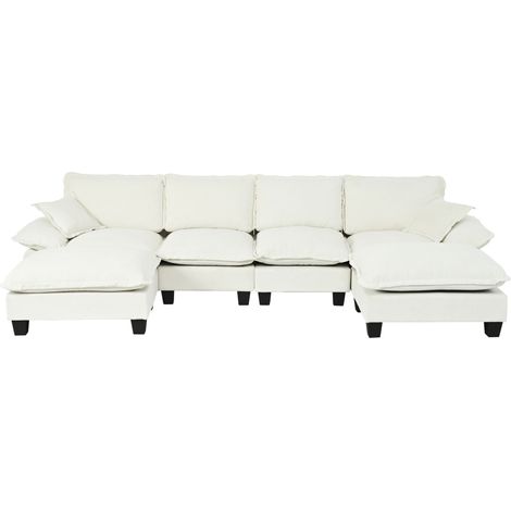 Sofá modular esquinero en U de chenilla beige HOMVRA 6 plazas (1/5)
