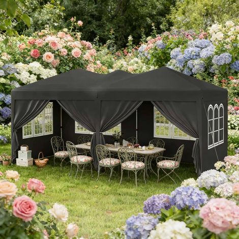 Tonnelle pliante 3 x 6 m avec parois amovibles, protection UV UPF50+, imperméable, hauteur réglable, gris (1/5)