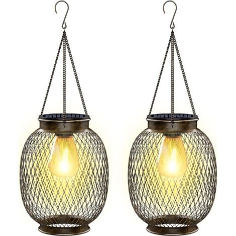 Lampe Solaire Exterieur Jardin Suspendue, IP65 Étanche Lanterne Solaire Exterieur 2 Pièces Métal Lumiere Solaire Exterieur avec Ampoule LED Lampe Solaire Balcon pour Porche Cour Jardin Terrasse [Class (1/5)